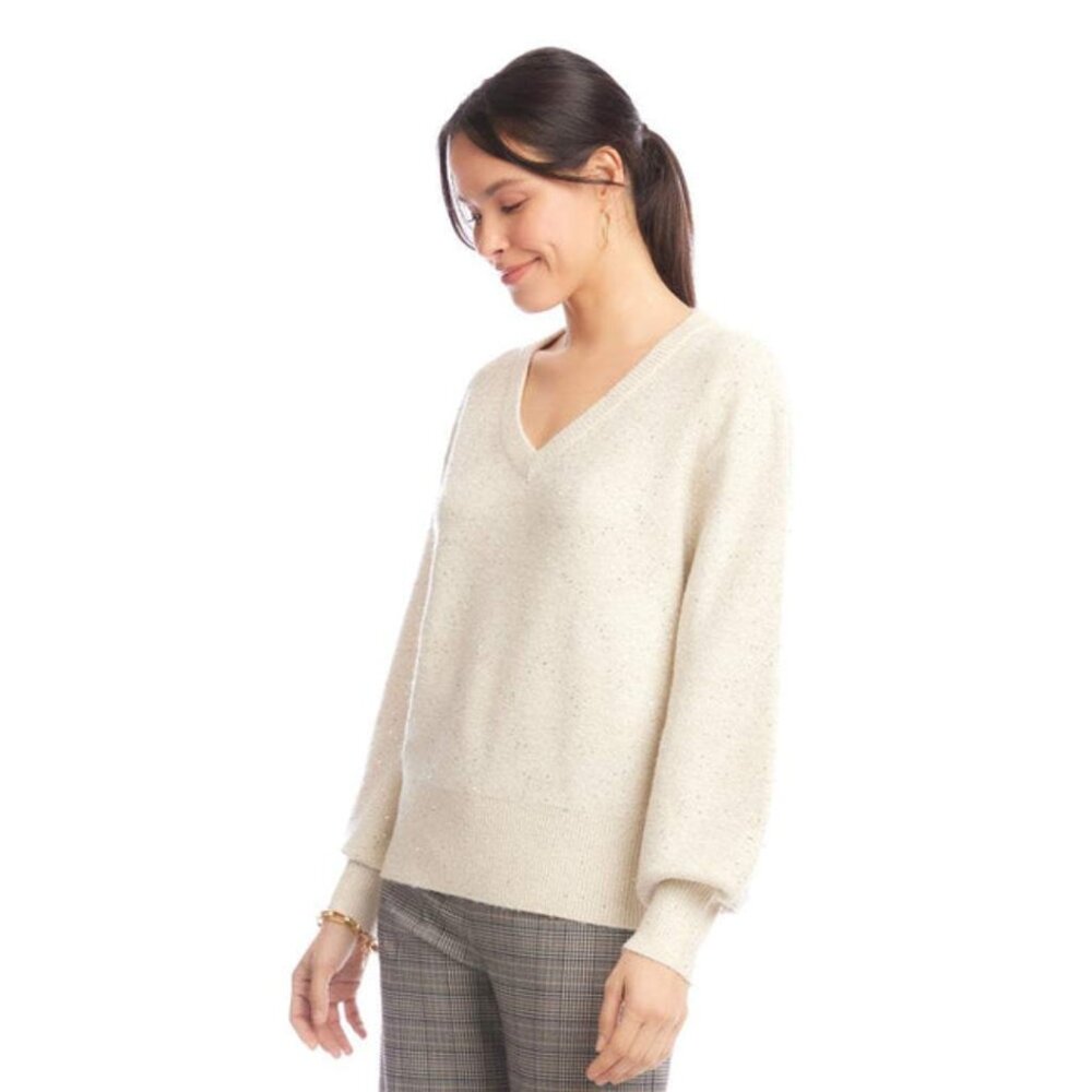 Karen Kane V-Neck Sweater Soft Beige Cozy Knit Raglan Minimalist‎ – Size S